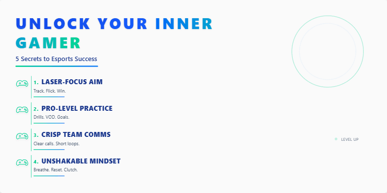 A slide with a dark blue and electric green background, featuring a title 'Unlock Your Inner Gamer: 5 Secrets to Esports Success'. Each secret is highlighted with an animated game controller icon and short, punchy text.