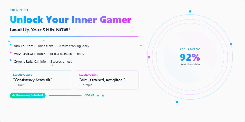 A vibrant slide with a neon and electric blue color scheme. The title 'Unlock Your Inner Gamer: Level Up Your Skills NOW!' is prominently displayed with a gradient effect. Animated particles and dynamic elements surround key takeaways, quotes from esports legends, and a progress bar visualizing achievement unlocks.