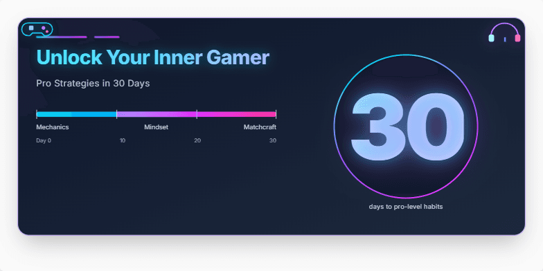 A dark, dynamic slide with neon blue and purple accents. The title 'Unlock Your Inner Gamer: Pro Strategies in 30 Days' is prominently displayed. A large, glowing '30' emphasizes the program's duration. Stylized icons of a game controller and headset subtly animate. A progress bar indicates the three phases of the program: Mechanics, Mindset, and Matchcraft.
