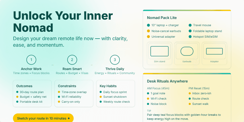 Slide promoting a nomadic lifestyle, featuring deep teal and gold colors, a title 'Unlock Your Inner Nomad,' and sections on planning, packing, and daily rituals for remote work.