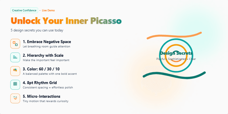 A slide titled 'Unlock Your Inner Picasso: 5 Design Secrets You NEED' with a split layout. The left side features five design secrets revealed one by one with accompanying icons. The right side showcases an abstract artistic illustration with floating circles and lines in sunset hues of orange and teal.