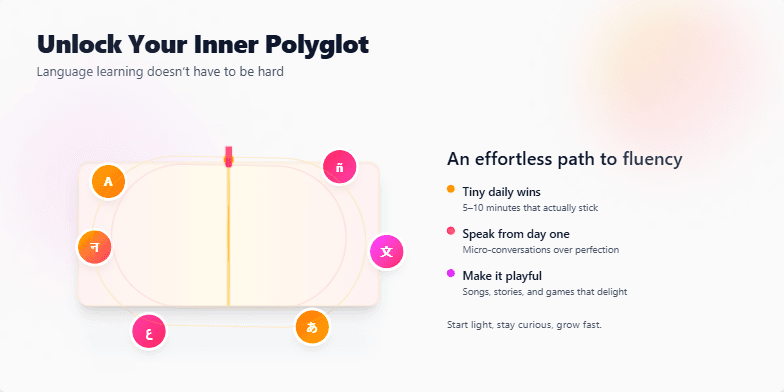 A stylized open book floats against a warm sunset backdrop. Colorful icons representing different languages swirl around the book, pulsing gently with light. The text reads: 'Unlock Your Inner Polyglot: Language learning doesn't have to be hard.'