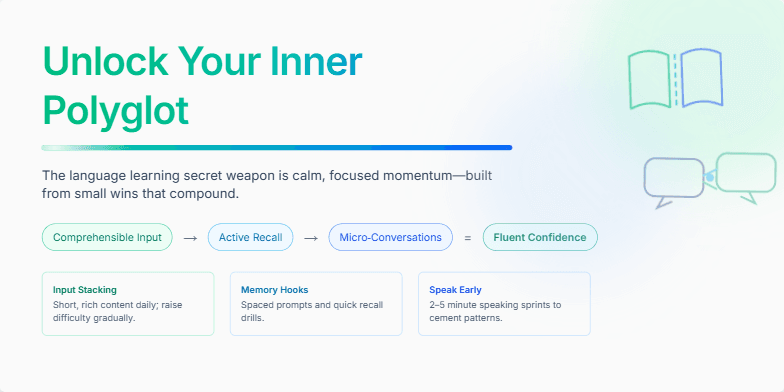 A slide with a calming blue and green background featuring animated shapes and icons related to language learning. The title 'Unlock Your Inner Polyglot: The Language Learning Secret Weapon' is prominently displayed with a shimmer effect. A formula for language acquisition is visualized with actionable tips.