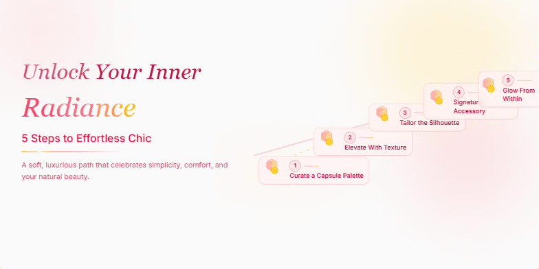 A slide with a soft rose-gold background and elegant script fonts. The title 'Unlock Your Inner Radiance' is prominently displayed. Five stylized blooming flowers, each representing a step to effortless chic, are arranged along a curved path. Subtle shimmer animations highlight the flowers and other elements, creating a luxurious and inspiring feel.