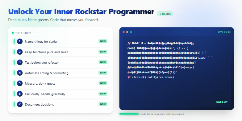 A slide with a dark blue and neon green color scheme. The title 'Unlock Your Inner Rockstar Programmer: 7 Coding Habits to Adopt Today' is prominently displayed. A list of seven coding habits is shown alongside animated code snippets that illustrate each habit.