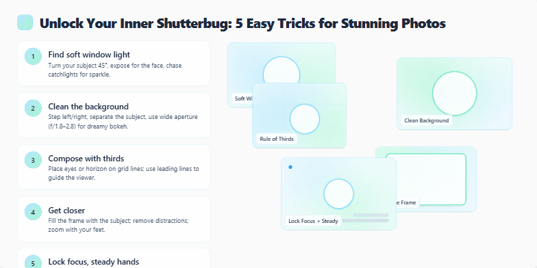 A slide titled 'Unlock Your Inner Shutterbug: 5 Easy Tricks for Stunning Photos'. The slide displays 5 photography tips with accompanying image previews. The design is minimalist, featuring a calming pastel color palette and subtle animations.