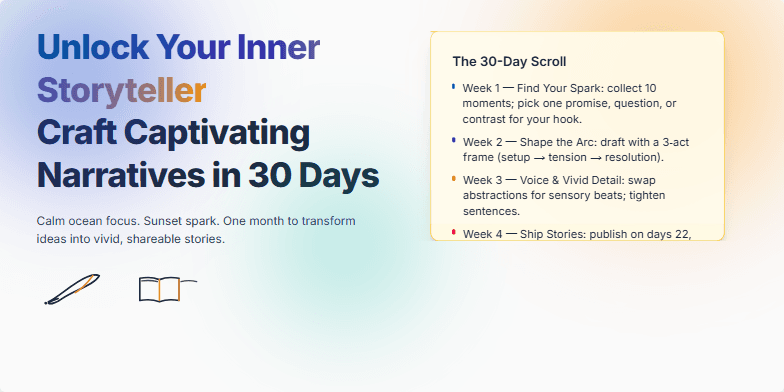 Slide title 'Unlock Your Inner Storyteller: Craft Captivating Narratives in 30 Days' with ocean-sunset gradient background. Hand-drawn quill and book sketches. An animated scroll reveals the 30-day program outline.