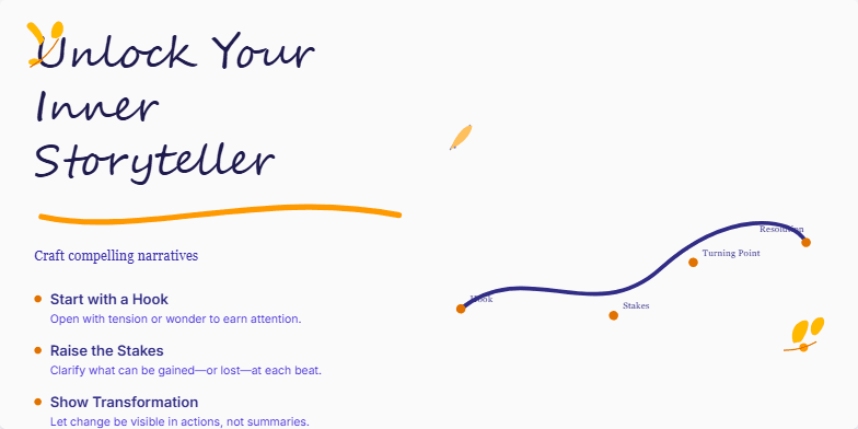 A slide titled 'Unlock Your Inner Storyteller: Craft Compelling Narratives' with a deep blue background and warm gold accents. The title is in a handwritten script font. A curved line illustrates the narrative arc with points labeled 'Hook,' 'Stakes,' 'Turning Point,' and 'Resolution.' A quill and ink animation adds a dynamic element, and delicate floral accents enhance the visual appeal.