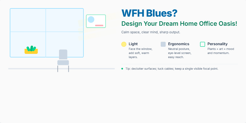 A calming home office scene with a window streaming sunlight. Stylized icons of a plant, ergonomic chair, and artwork float gently, representing a productive and tranquil workspace.