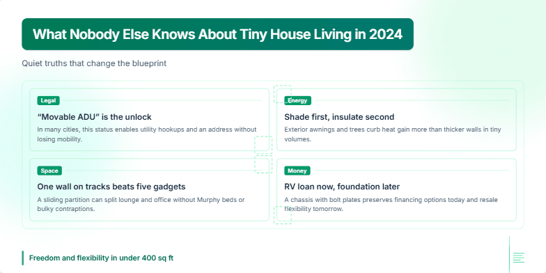 A slide titled 'What Nobody Else Knows About Tiny House Living in 2024' with a calming green and white color scheme. Four boxes highlight key insights about legality, energy efficiency, space optimization, and financing for tiny homes.