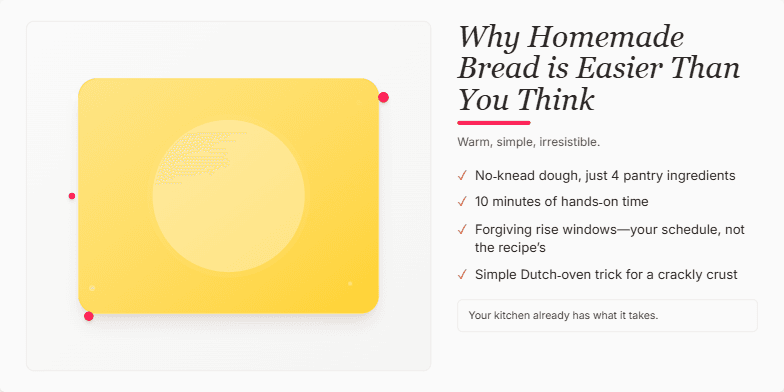 A slide titled 'Why Homemade Bread is Easier Than You Think' features a warm, animated illustration of rising dough. The minimalist design, rustic font, and earthy color palette emphasize the simplicity and comfort of baking bread at home.