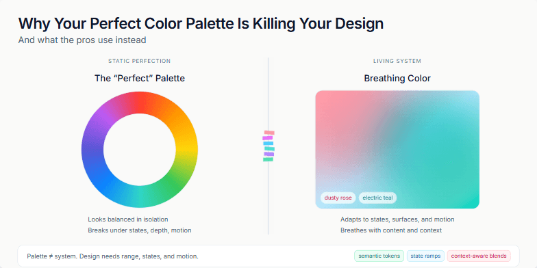 A slide comparing a static color wheel on the left with a dynamic, animated gradient on the right. A glitchy tear animation divides the two sides, illustrating the failure of static palettes in dynamic design systems.