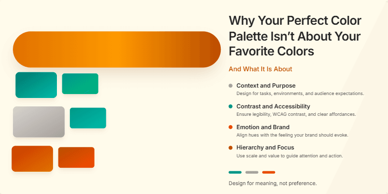 A slide about color theory titled 'Why Your Perfect Color Palette Isn’t About Your Favorite Colors'. The left side features an animated ochre brushstroke and floating color swatches in teal, stone, and terracotta. The right side lists four key principles of color selection: Context, Contrast, Emotion, and Hierarchy.