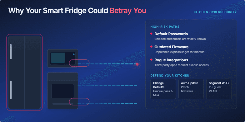 A dark, cyberpunk-style illustration of a kitchen with connected appliances. Animated data streams flow from the devices, highlighting their vulnerability to cyber threats. Red highlights and rings emphasize security breaches. Text on the right lists high-risk paths like default passwords and outdated firmware, along with defense strategies like changing defaults and enabling auto-updates.