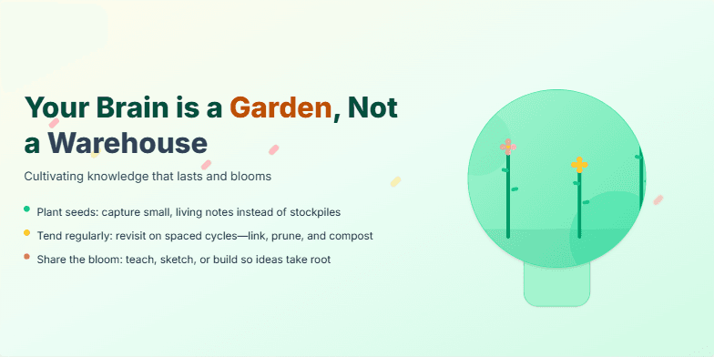 A slide titled 'Your Brain is a Garden, Not a Warehouse' with an earthy color palette. On the left, the title and three bullet points on cultivating knowledge. On the right, a stylized illustration of a human head and shoulders as a planter, with three flowers blooming from stems inside.