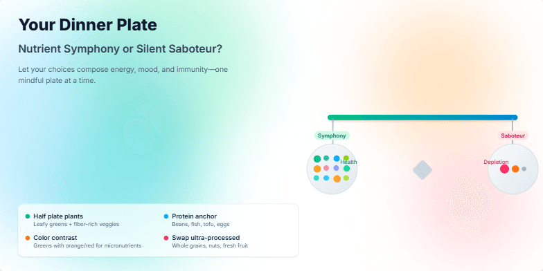 A stylized scale balances colorful representations of healthy and unhealthy food choices against a backdrop of swirling watercolor-like shapes. One side, labeled 'Health,' features a vibrant array of colorful circles representing a balanced diet. The other side, labeled 'Depletion,' shows fewer, less diverse circles. The scale illustrates the impact of dietary choices on overall well-being.