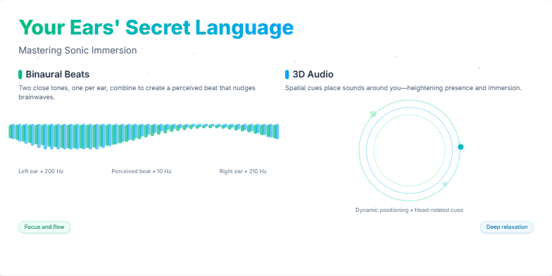 A slide with a dark blue-green background, visualizing binaural beats as pulsating wave bars and 3D audio as an orbiting point. Glowing particles subtly animate, representing heightened focus and deep relaxation.