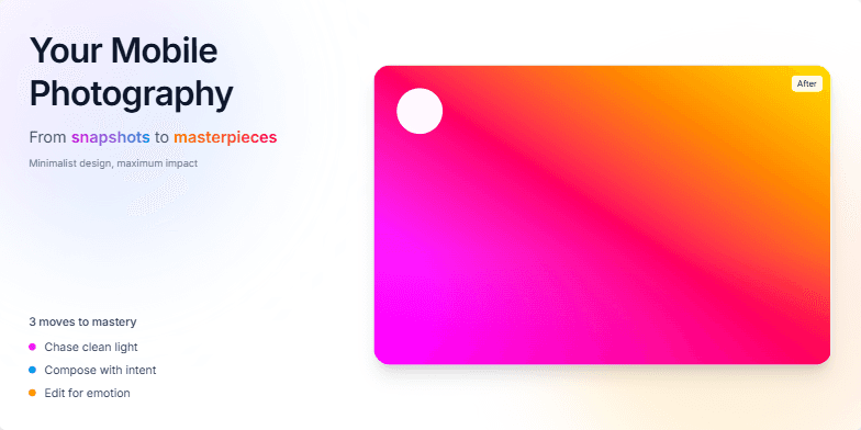 A slide titled 'Your Mobile Photography: From Snapshots to Masterpieces' featuring a before-and-after image comparison showcasing a dramatic improvement in photo quality through mobile editing.