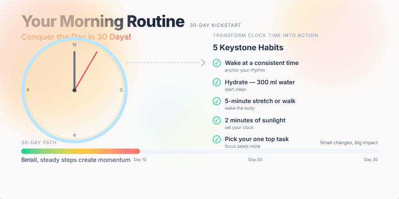 A slide visualizing a 30-day morning routine challenge. It features a stylized animated clock transitioning into a checklist of key habits against a warm sunrise backdrop. A progress bar tracks the 30-day journey, emphasizing small changes for big impact.