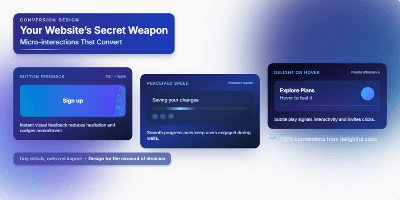 A slide showcasing micro-interactions in web design. It features a twilight color scheme with smooth animations of a button ripple, a shimmer loading effect, and a playful hover card, each demonstrating how these subtle design choices can enhance user experience and boost conversions.