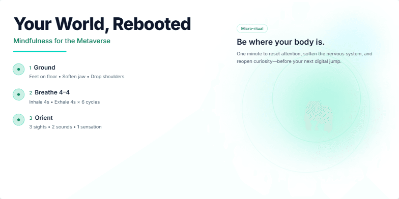 A minimalist slide with a calming blue-green gradient background. The title reads 'Your World, Rebooted: Mindfulness for the Metaverse.' Three numbered steps for a mindfulness micro-ritual are presented on the left, while the right side displays the phrase 'Be where your body is.' Subtle animations of glowing circles create a serene atmosphere.