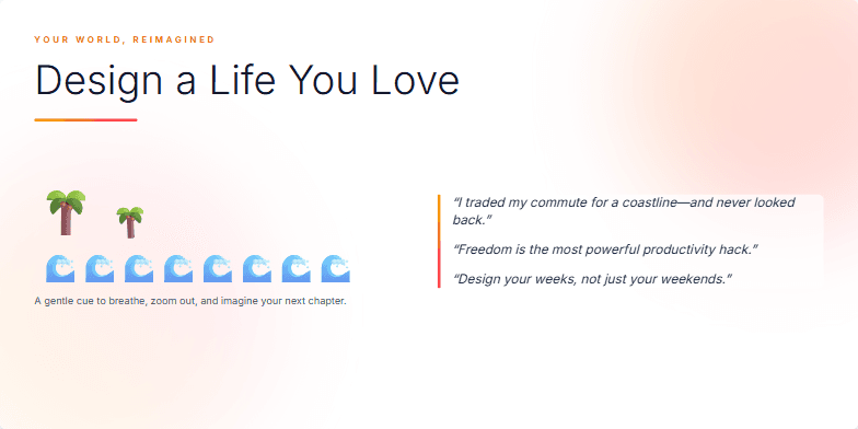 A slide with a warm sunset background, swaying palm trees, a calm ocean wave, and inspiring quotes about the digital nomad lifestyle. The title reads 'Your World, Reimagined: Design a Life You Love.'