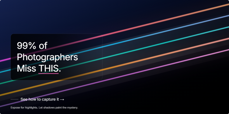 Dark background with vibrant light trails streaking across, resembling a long exposure photograph. Text overlay reads: '99% of Photographers Miss THIS. (See How to Capture It)'