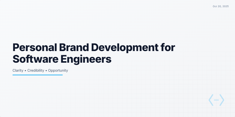 Title slide for a presentation on 'Personal Brand Development for Software Engineers'. Subtitle reads 'Clarity • Credibility • Opportunity'. The slide has a light gray background with a grid texture and a stylized blue code bracket icon in the bottom-right corner.