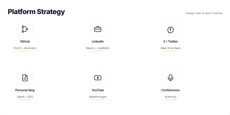 A slide titled 'Platform Strategy' with the subtitle 'Assign roles to each channel'. Below is a 2x3 grid of six cards. Each card represents a channel (GitHub, LinkedIn, X/Twitter, Blog, YouTube, Conferences) with a unique icon and a short description of its strategic purpose, such as 'Proof + discovery' for GitHub and 'Reach + credibility' for LinkedIn.