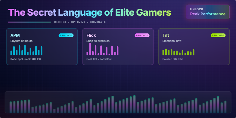 A slide titled 'The Secret Language of Elite Gamers' with a neon, geometric design. It features key gaming terms like APM, Flick, and Tilt, explained with dynamic sparkline graphs and a pulsating bar stream visualization, all set against a dark, electric backdrop.